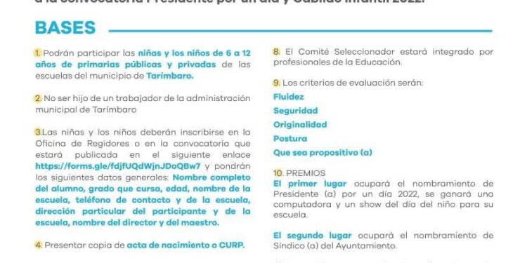 Convocan a niñas y niños tarimbarenses a ser Presidente o integrantes de Cabildo por un día